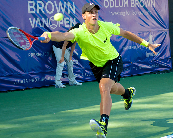 Vasek Pospisil used his long reach and powerful serve to mount a stirring comeback in the third set of the Vancouver Open men's final. Photo by Jason Kurylo for Pucked in the Head.