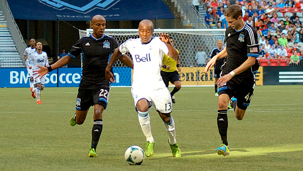 Nigel Reo-Coker powers his way upfield during his most dominant performance in months, a 2-nil win over the San Jose Earthquakes. Photo by Jason Kurylo for Pucked in the Head.