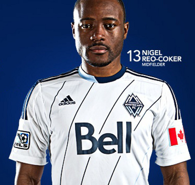 Nigel Reo-Coker sports the newly unveiled Vancouver Whitecaps FC kit for 2013-14. Image unceremoniously filched from www.whitecapsfc.com.
