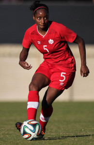 Team Canada defender Robyn Gayle moves the ball upfield during international friendly action against Sweden. Photo courtesy of Soccer Canada.
