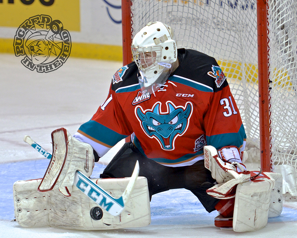 Brodan Salmon makes a save during his fourth WHL start.
