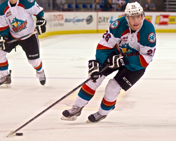 Cole Linaker had an assist, but it wasn't enough to stretch the Kelowna Rockets win streak to 17 games. The Vancouver Giants gave Kelowna their first loss since November 20. Photo  by Jason Kurylo for Pucked in the Head.