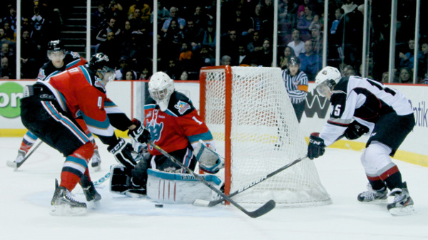 Jackson Whistle saw plenty of action against his former team this year. Here he wore the Kelowna Rockets third jersey against the Vancouver Giants on February 1, 2013 — Joe Sakic night. Photo by Jason Kurylo for Pucked in the Head.