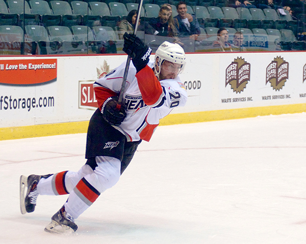 Roman Horak's first of the season was the sole marker for the Heat on Saturday night; they dropped a 2-1 shootout decision to the Milwaukee Admirals at the AESC. Photo by Jason Kurylo for Pucked in the Head.