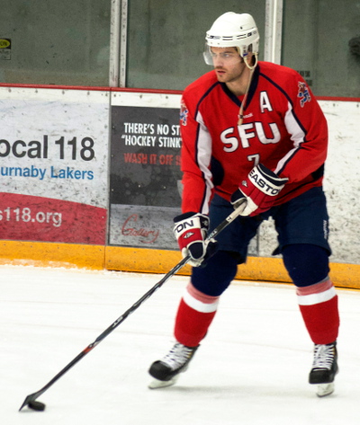 SFU Clan veteran Ben Van Lare scored twice to power the SFU Clan to a 6-1 win in game one of their best of three series against the TRU Wolfpack. Photo by Jason Kurylo for Pucked in the Head.