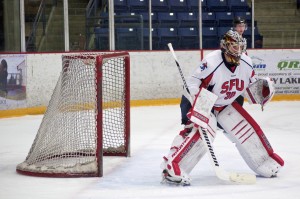 Goaltender Graeme Gordon got the call for the SFU Clan in their second game of the Great Northwest Showcase against the Arizona State Sun Devils. ASU won the game 5-3. Photo by Jason Kurylo for Pucked in the Head.