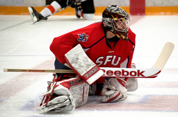 SFU Clan goaltender Graeme Gordon stopped 26 of 27 shots to lead SFU to a 6-1 win in the opening game of the 2013 BCIHL playoffs. Photo by Jason Kurylo for Pucked in the Head.