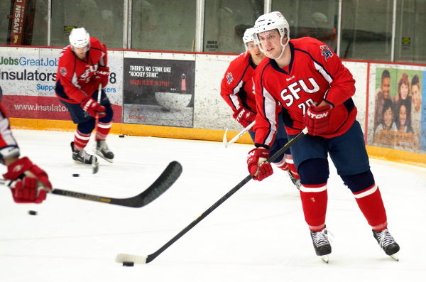 SFU Clan defenseman Mike Ball lit the red light with a rocket of a one-timer just 47 seconds into the third period, as the Clan won their playoff opener 6-1. Photo by Jason Kurylo for Pucked in the Head.