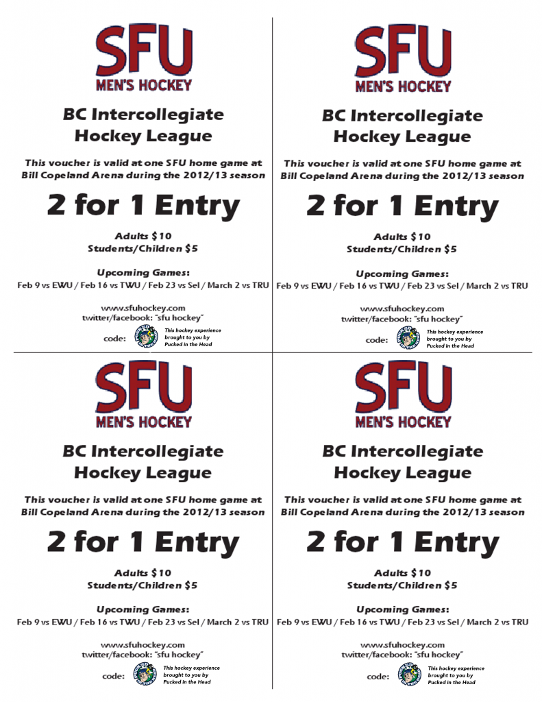 It's simple. Print these coupons & get two adults into Bill Copeland Arena for SFU Clan hockey for just five bucks each. It's a bar-goon!