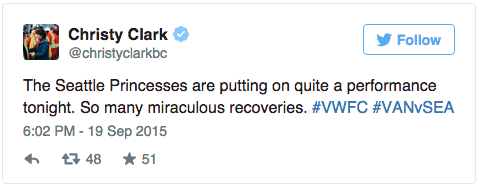 Tweet from @christyclarkbc.