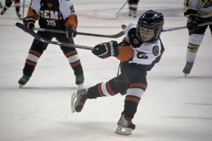 Semiahmoo Ravens #13 Treyson Frost takes a shot vs Squamish Eagles at Rogers Arena. Photo by Jason Kurylo for Pucked in the Head.