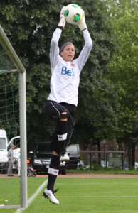 Keeper Stephanie Labbé leaps for a ball during Team Canada training in Germany. Photo courtesy of Soccer Canada.