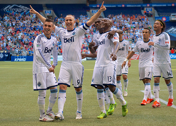 Whitecaps FC have had many reasons to celebrate on the Bell Pitch at BC Place this season — they've lost just one game so far, thanks to a stellar 1-2 punch up front of Kenny Miller (centre) and Camilo da Silva Sanvezzo. Photo by Jason Kurylo for Pucked in the Head.