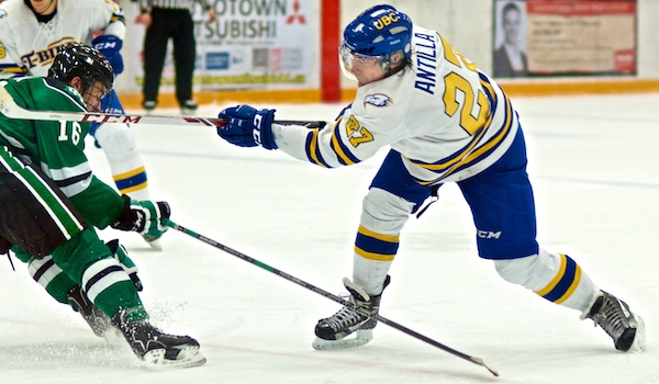 Joe Antilla scored with 52 seconds left in regulation, then set up Jason Yee with the winning goal in overtime against UND. Photo by Jason Kurylo for Pucked in the Head.