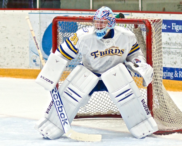 Matt Hewitt stopped 15 shots in the second, third and overtime periods as the UBC Thunderbirds defeated U of North Dakota 3–2. Check that awesome Regina Pats mask from Hewitt's WHL days. Photo by Jason Kurylo for Pucked in the Head.