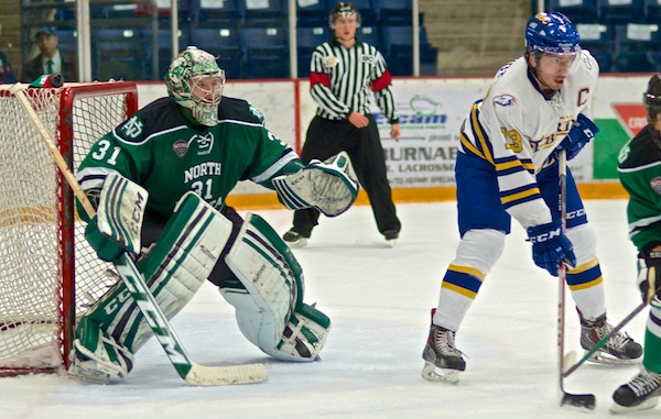 Zane Gothberg had a strong game for the University of North Dakota, but didn't make quite enough. The UBC Thunderbirds tied the game with 52 seconds left in regulation, then salted it away in overtime at Bill Copeland Arena. Photo by Jason Kurylo for Pucked in the Head.