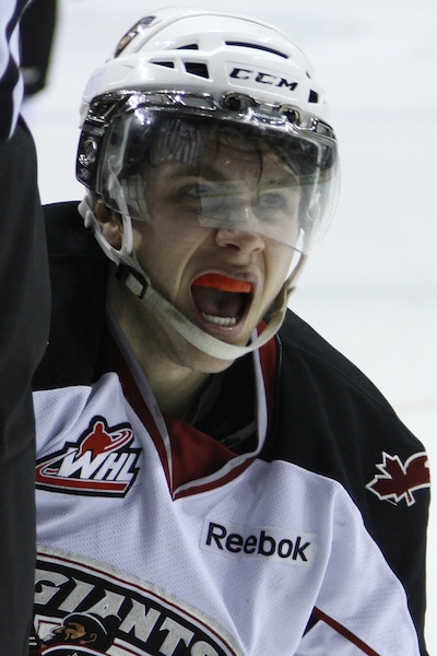 Vancouver forward Riley Kieser encapsulates the Giants season as he picks himself up off the ice during the third period of a 5-1 loss to the Kelowna Rockets on February 1, 2013. Photo by Jason Kurylo for Pucked in the Head.