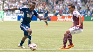 Gershon Koffie dribbling against a Colorado Rapids defender. Photo by Jason Kurylo for Pucked in the Head.