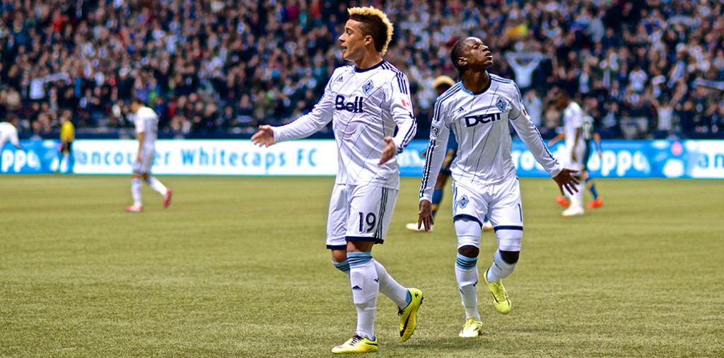 Erik Hurtado and Darren Mattocks pump up the crowd during a 2-2 draw between the Whitecaps and LA Galaxy. Photo by Jason Kurylo for Pucked in the Head.