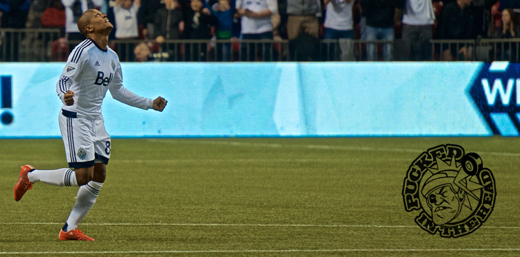 Robert Earnshaw thanks the heavens for his first goal as a Vancouver Whitecap — he should be thanking Pedro Morales for that sick pass, I'd say. Photo by Jason Kurylo for Pucked in the head.