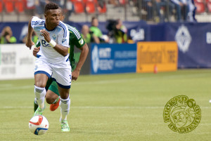 Sam Adekugbe in action for the Vancouver Whitecaps FC. Photo by Jason Kurylo for Pucked in the Head.