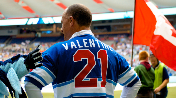 Whitecaps FC legend Carl Valentine dons a 1984 Vancouver jersey at BC Place sideline on 15 June 2013. Photo by Jason Kurylo for Pucked in the Head.