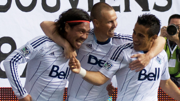 Daigo Kobayashi, Kenny Miller and Camilo de Sanvezzo celebrate a goal during the team's impressive 5-game unbeaten streak. Photo by Jason Kurylo for Pucked in the Head.