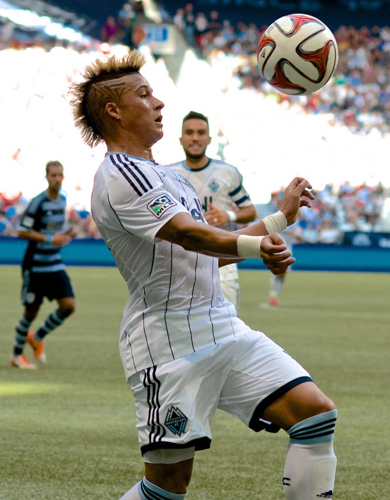 Erik Hurtado chests down a long ball during a 2-0 Vancouver Whitecaps victory over Sporting KC, the top club in the MLS Eastern Conference. Photo by Jason Kurylo for Pucked in the Head.