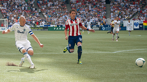 Kenny Miller steered this shot into the base of the post during the first half of a frustrating 2-2 draw against Chivas USA. Photo by Jason Kurylo for Pucked in the Head.