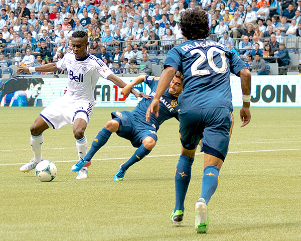 Gershon Koffie, still adjusting to his new role as a holding midfielder, let loose with a first-half volley from distance that nearly put the Whitecaps in front against the LA Galaxy. Photo by Jason Kurylo for Pucked in the Head.
