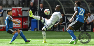 Pa Modou Kah tripled his career MLS goal total with a brace against the Seattle Flounders. Photo by Jason Kurylo for Pucked in the Head.