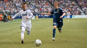 Canadian product Russell Tiebert (left) scored the first two goals of his promising MLS career, as the Vancouver Whitecaps defeated the LA Galaxy 3-1 on May 11. Photo by Jason Kurylo for Pucked in the Head.