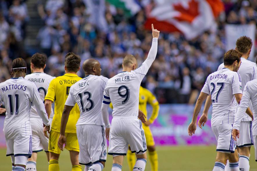 Vancouver Whitecaps FC captain Kenny Miller salutes the fans after a 2-1 win over the Columbus Crew at BC Place. Photo courtesy of the Vancouver Whitecaps FC.