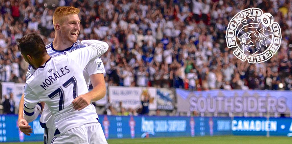 Tim Parker celebrates with Pedro Morales after scoring an insurance goal. The Vancouver Whitecaps FC won their first-ever Amway Canadian Championship with a 2-nil victory over the Montreal Impact at BC Place. Photo by Jason Kurylo for Pucked in the Head.