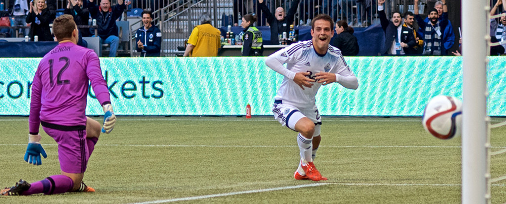 Octavio Rivero starts the celebration of his first-ever MLS goal as his left-footed shot crosses the line behind TFC goaltender Joe Bendik. The Vancouver Whitecaps went on to lose the game 3-1. Photo by Jason Kurylo for Pucked in the Head.