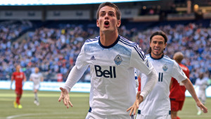 The much heralded Uruguayan striker Octavio Rivero celebrates his first MLS goal during the first half of the 2015 season opener. The Vancouver Whitecaps lost to the dirty rotten stinkin' doughbugs of TFC 3-1. Photo by Jason Kurylo for Pucked in the Head.