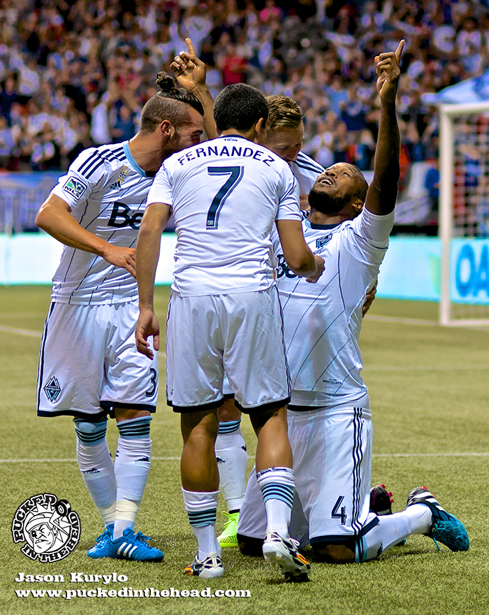 Kendall Waston celebrates his first MLS goal, a gloriously aggressive header off a corner kick. Photo by Jason Kurylo for Pucked in the Head.