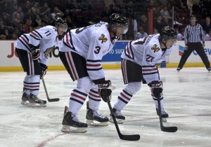 Defenseman Seth Jones (#3, the centre of your picture) is touted as a potential #1 overall pick in the 2013 NHL Entry Draft, should that league ever bother to play again. For now anyway he's a monster on the Portland Winterhawks blueline. Photo by Jason Kurylo for Pucked in the Head.