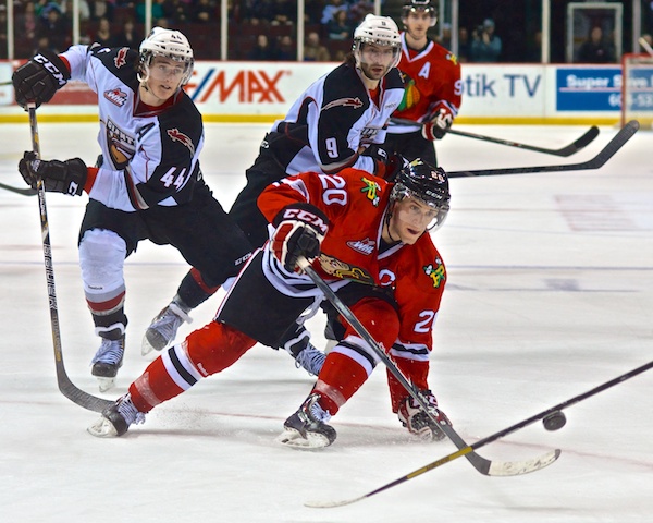 Taylor Leier nearly won the game in regulation for the Winterhawks when he hit the crossbar with under a minute left in the third period. Photo by Jason Kurylo for Pucked in the Head.