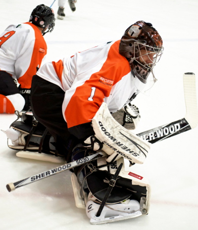 TRU Wolfpack goaltender Shane Mainprize made more than a few great saves, but it was a stretch to expect him to singlehandedly beat the SFU Clan. SFU won the game 6-1. Photo by Jason Kurylo for Pucked in the Head.