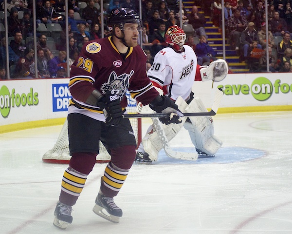 Abbotsford Heat goaltender Danny Taylor (#30) allowed just one goal in five periods this weekend, but the Chicago Wolves won both games, 3-1 and 1-0, thanks largely to Brett Sterling's first-period natural hat trick on Friday night. Taylor relieved Leland Irving of his duties for the 2nd period Friday. Photo by Jason Kurylo for Pucked in the Head.