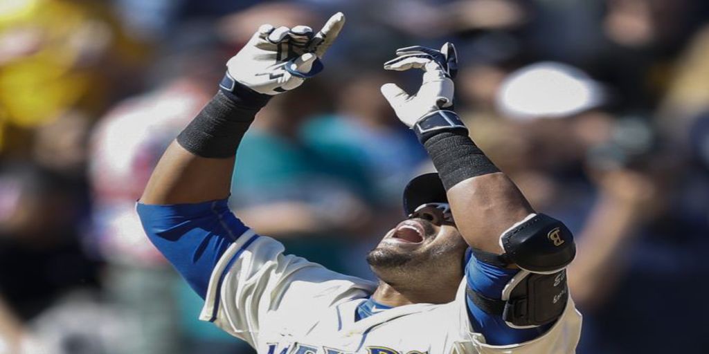 The Mariners' Nelson Cruz, celebrating his walkoff single against the Rangers April 19th.