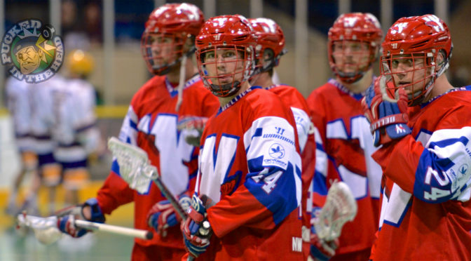 New Westminster Salmonbellies Anthony Malcom and Brett Dobray see all when they're on the floor. Photo by Jason Kurylo for Pucked in the Head.