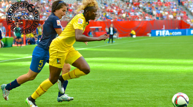 Gaelle Enganamouit of Cameroon was the class of opening day, scoring thrice to lead her team to a 6-nil victory. Photo by Jason Kurylo for Pucked in the Head.