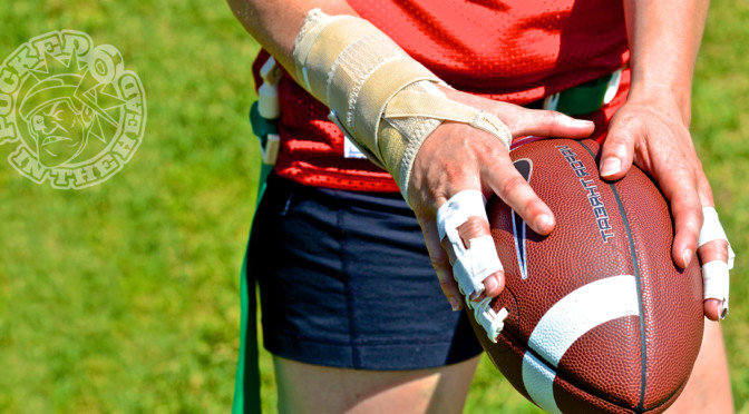 Flag football ain't for the faint of heart — or for the weak of finger, for that matter. Photo by Jason Kurylo for Pucked in the Head.