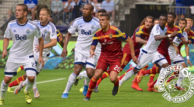 And they're off! The Vancouver Whitecaps FC and RSL look for the business end of a Pedro Morales free kick. Photo by Jason Kurylo for Pucked in the Head.