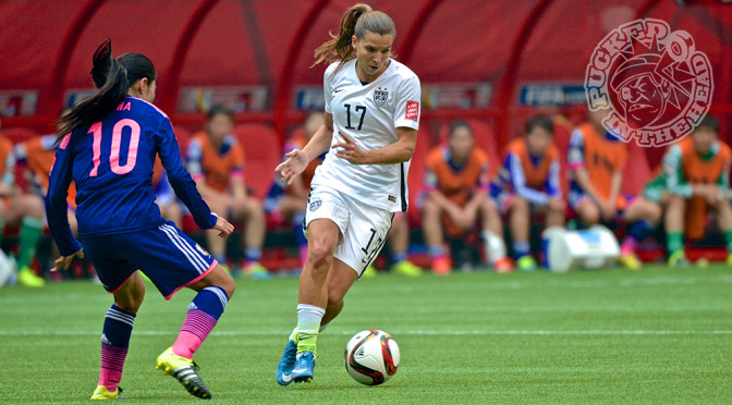 US midfielder Tobin Heath goes one on one with her counterpart Homare Sawa during a 5-2 win over the defending champion Japanese in the 2015 FIFA Women's World Cup final. Photo by Jason Kurylo for Pucked in the Head.