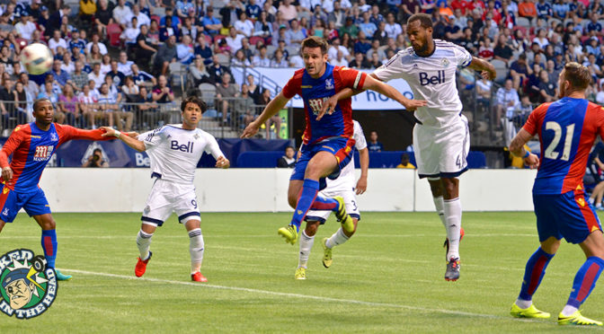 Defender Kendall Waston scores the tying goal as the Vancouver Whitecaps draw at two with Crystal Palace FC of the British Premier League at BC Place. Photo by Jason Kurylo for Pucked in the Head.