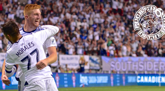 Tim Parker celebrates with Pedro Morales after scoring an insurance goal. The Vancouver Whitecaps FC won their first-ever Amway Canadian Championship with a 2-nil victory over the Montreal Impact at BC Place. Photo by Jason Kurylo for Pucked in the Head.