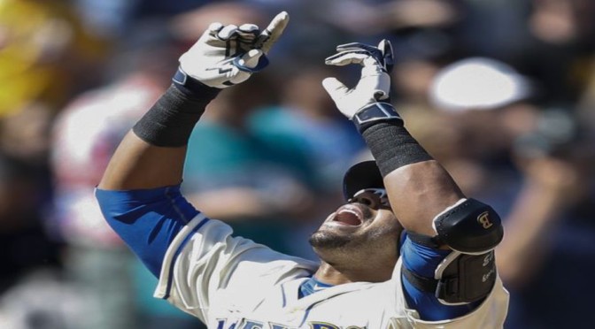 The Mariners' Nelson Cruz, celebrating his walkoff single against the Rangers April 19th.